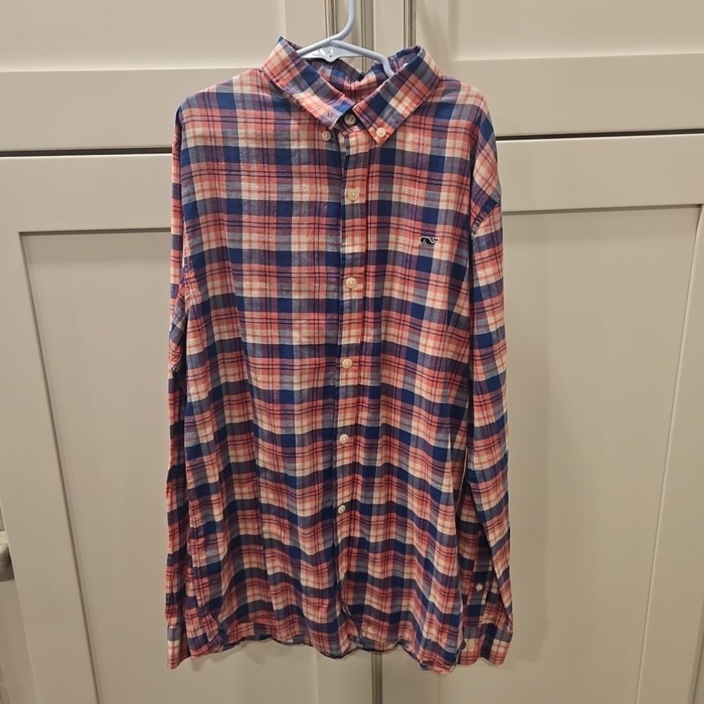 Vineyard Vines Boys Pink Blue Plaid Whale Button-up Shirt LARGE (16)